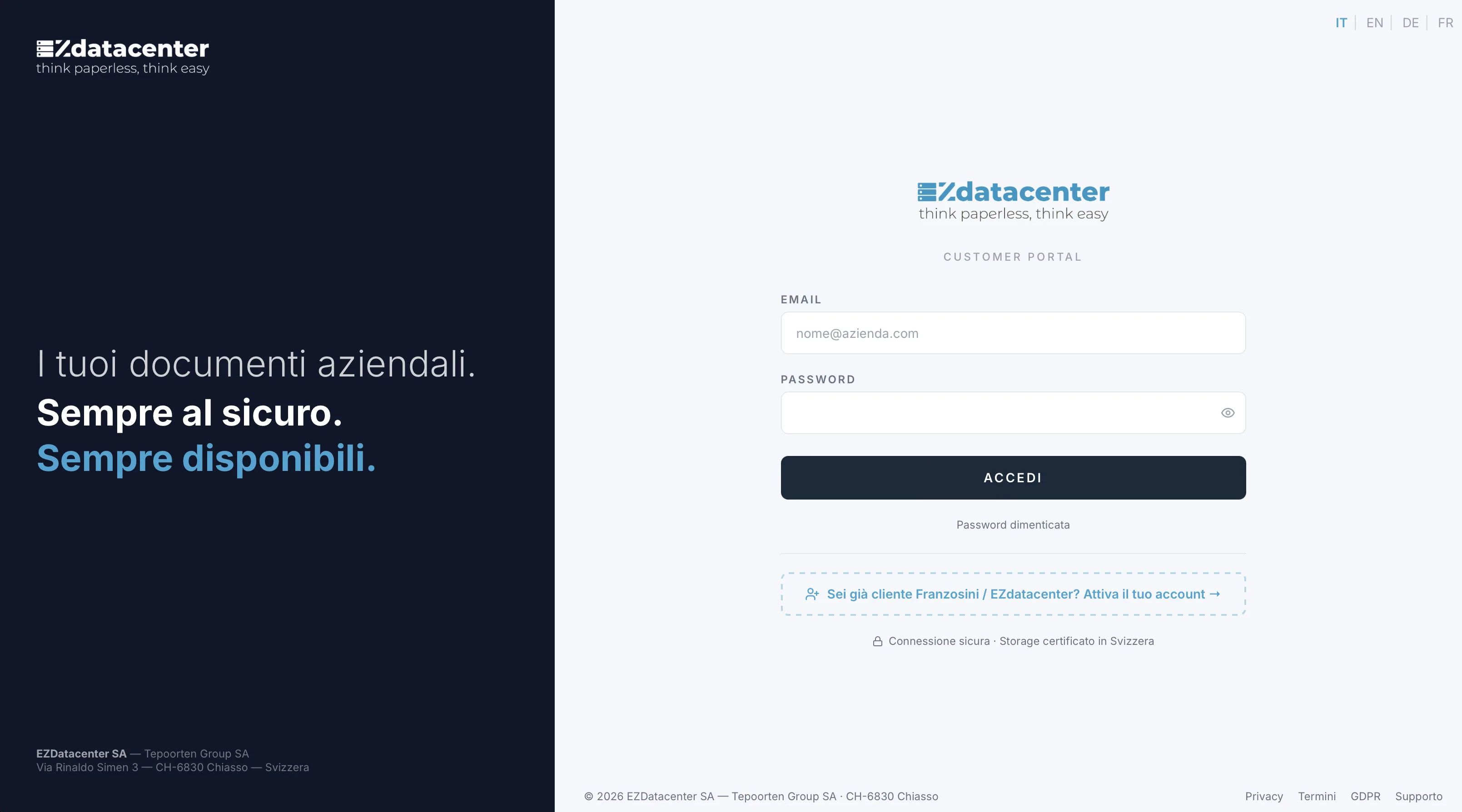 Il nuovo accesso al portale EZdatacenter